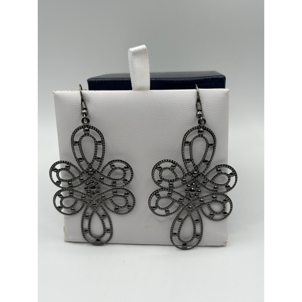 Gunmetal Filigree Drop Earrings Intricate Floral Statement Dangle Hook